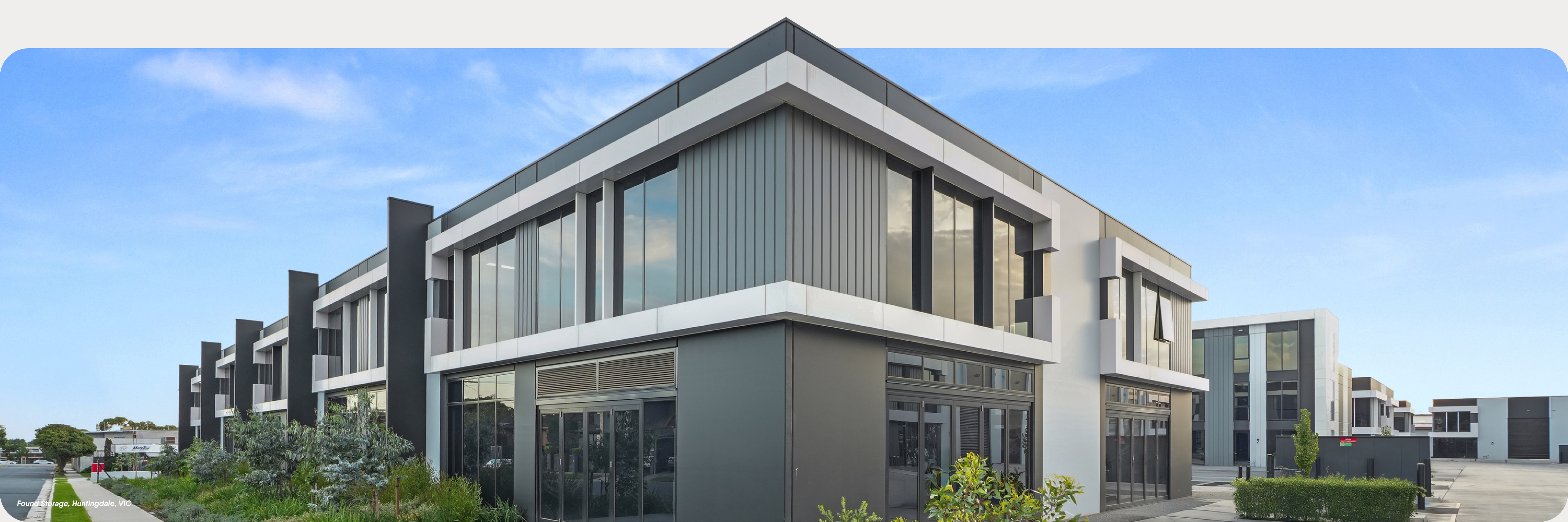 Example entry level commercial investment property. Pictured is the front corner facade of Found Storage, Huntingdale, Victoria. These commercial properties range is prices, from $242,544 - $357,500.